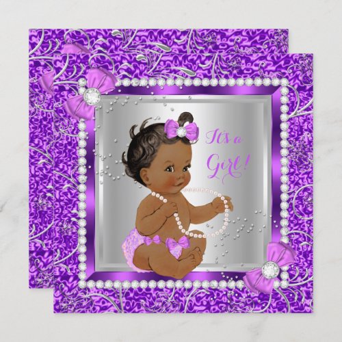 Glitter Purple Silver Baby Shower Girl Ethnic Invitation