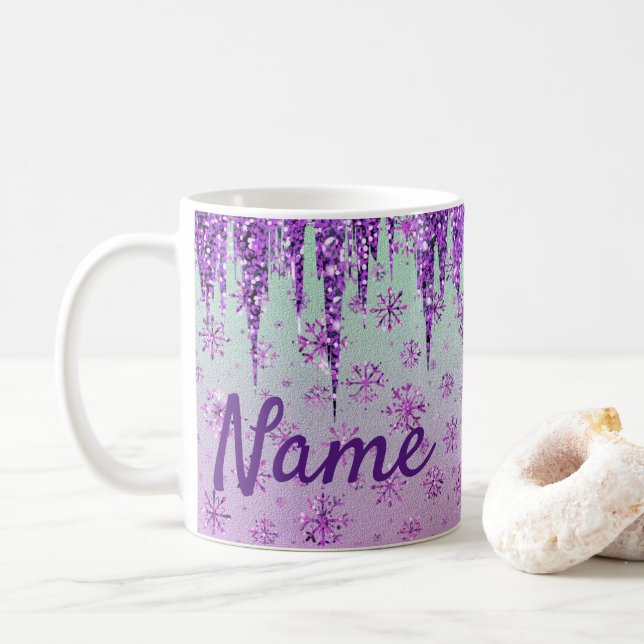 Glitter Purple Snowflakes Design Coffee Mug Cup (With Donut)