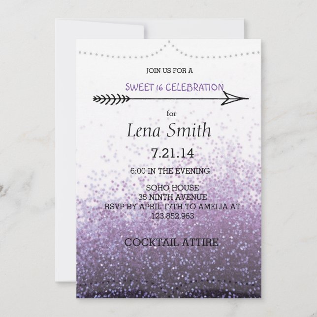 Glitter Purple Sweet 16 / Cocktail Party Invite (Front)