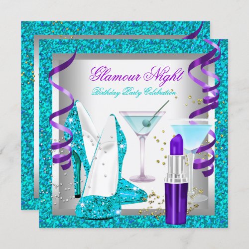Glitter Purple Teal Glamour Night Martini Party Invitation