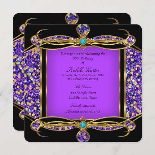 Glitter Purple Teal Gold Black Birthday Party Invitation