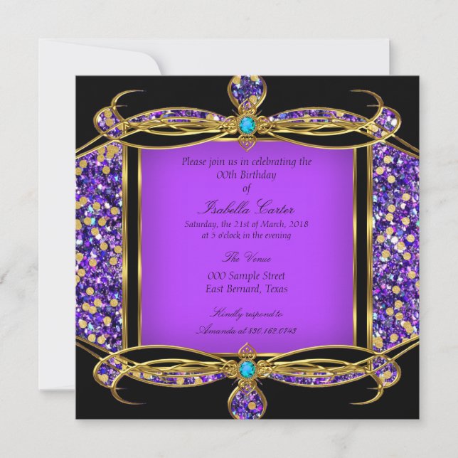 Glitter Purple Teal Gold Black Birthday Party Invitation (Front)