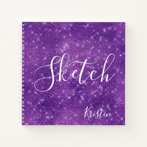 Glitter Purple White Script Your Name Sketchbook Notebook