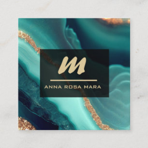 *~* Glitter QR Luxe Initial AP66 Turquoise Gold Square Business Card