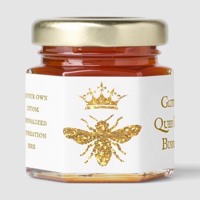 glitter Queen Bee on white background Honey Jar Favors (Front)