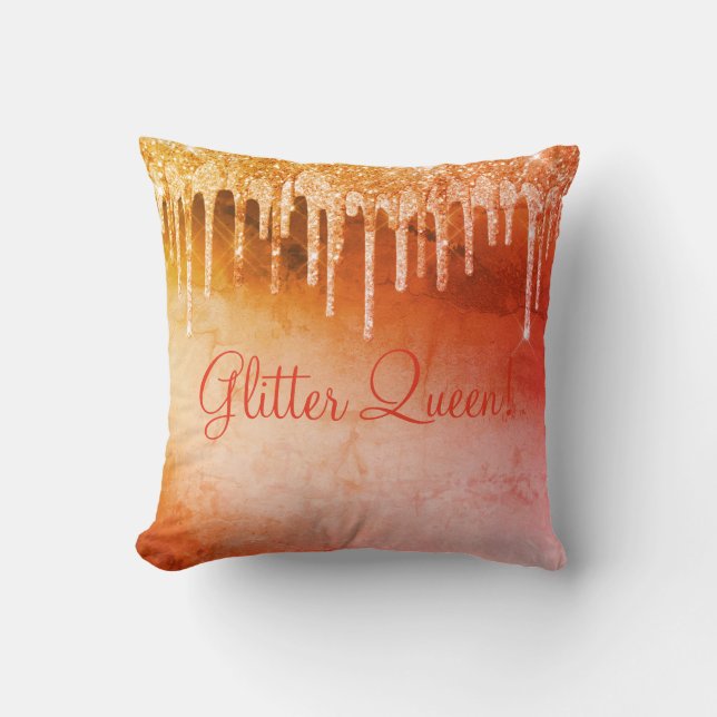 Glitter Queen Glitter Drip Sparkles Glam Orange Throw Pillow (Front)