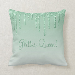 Glitter Queen Mint Green Glitter Bling Typography Throw Pillow
