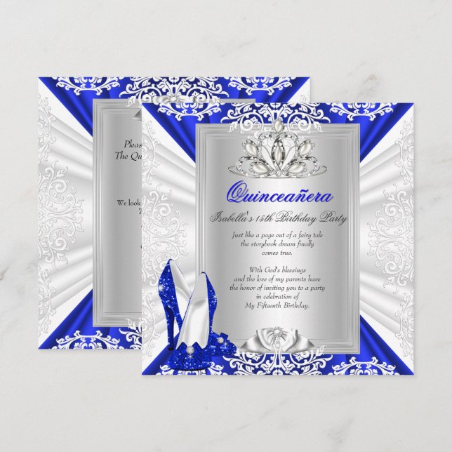Glitter Quinceanera 15th Birthday Royal Blue Heels Invitation (Front/Back)