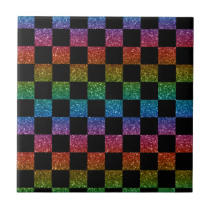 Glitter rainbow and black checkered pattern ceramic tile