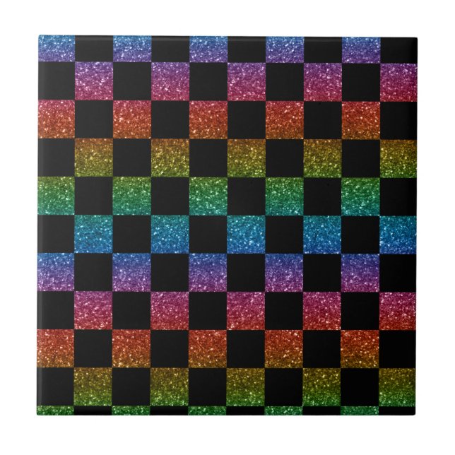 Glitter rainbow and black checkered pattern ceramic tile (Front)