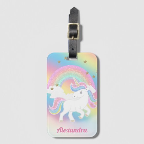 Glitter Rainbow and Unicorn with Personalized Name Luggage Tag