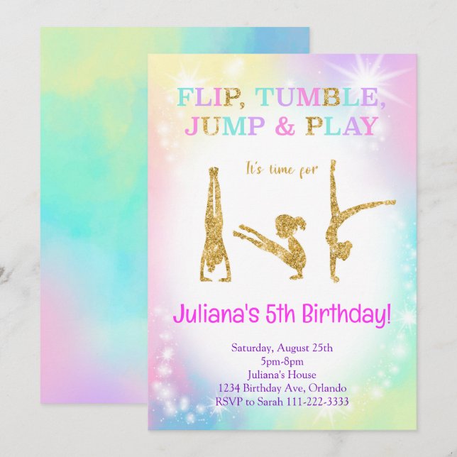 Glitter Rainbow Colorful Gymnastic Birthday Invite (Front/Back)