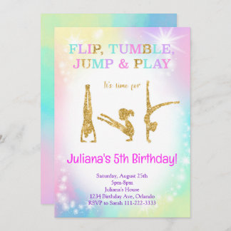 Glitter Rainbow Colorful Gymnastic Birthday Invite