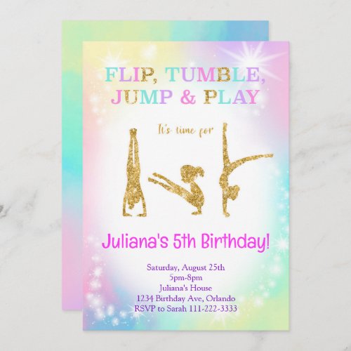 Glitter Rainbow Colorful Gymnastic Birthday Invite