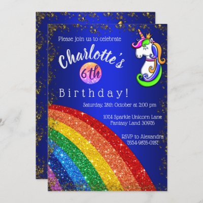 Glitter Rainbow Dark Blue Unicorn Birthday