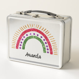Glitter Rainbow Design Custom Name Personalized Metal Lunch Box