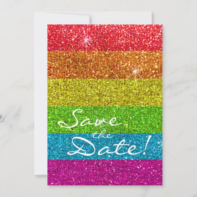 Glitter Rainbow Flag Marriage Equality Gay Pride Save The Date (Front)