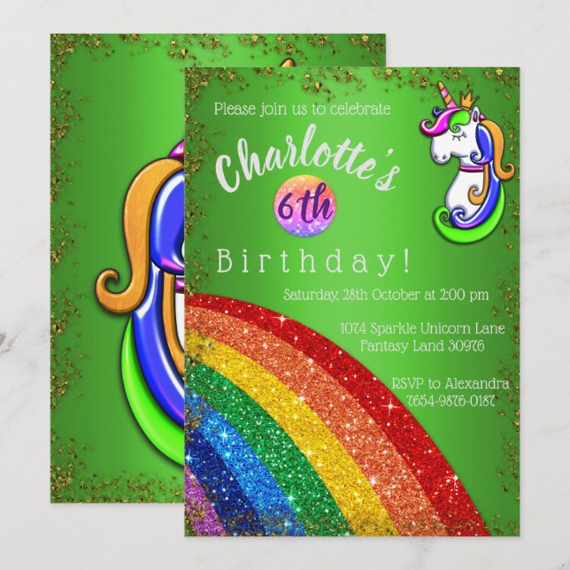 Glitter Rainbow Green Unicorn Birthday Invitation (Front/Back)