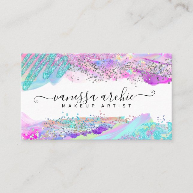 Glitter Rainbow Holographic Brush Strokes Business Card (Front)