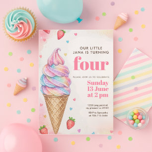 Glitter Rainbow Ice Cream Cone Birthday  Invitation