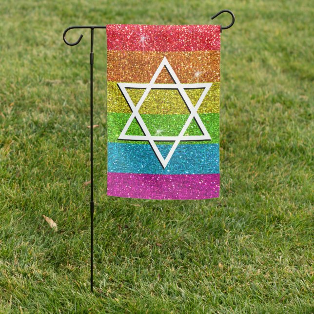 Glitter Rainbow Jewish Star of David Gay Pride Garden Flag (In SItu)