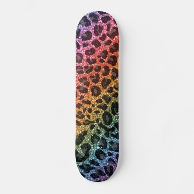 Glitter rainbow leopard print skateboard deck (Front)