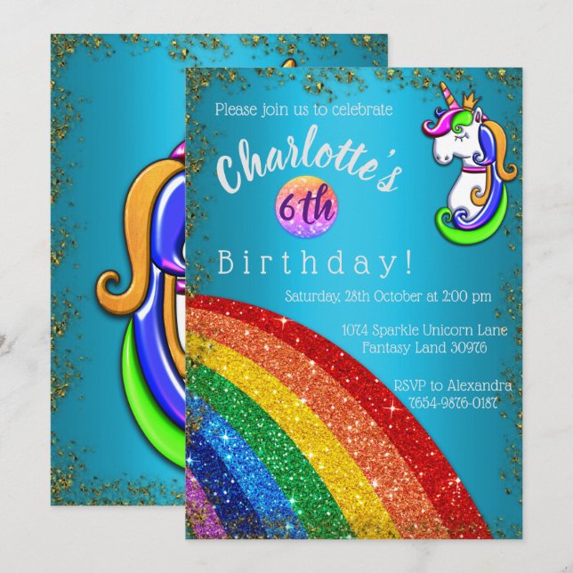 Glitter Rainbow Light Blue Unicorn Birthday Invitation (Front/Back)