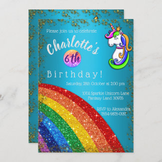 Glitter Rainbow Light Blue Unicorn Birthday Invitation