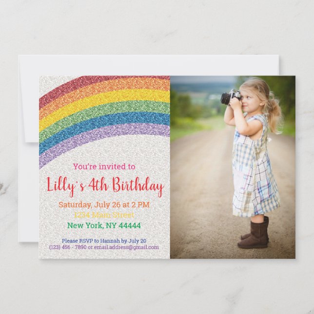 Glitter Rainbow Party, Birthday Photo Invitation (Front)