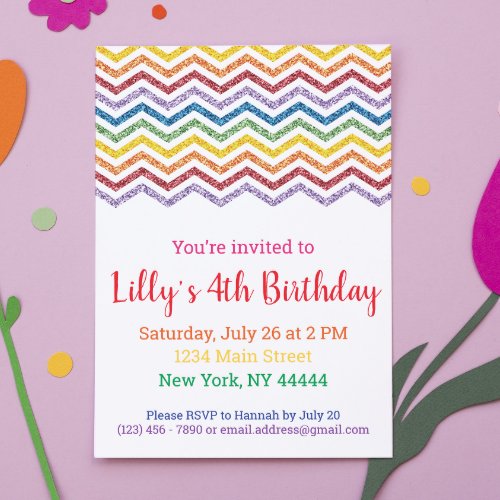 Glitter Rainbow Party Invitation in Chevron 