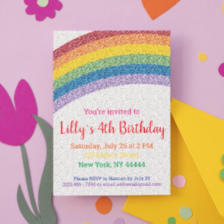 Glitter Rainbow Party Invitation, Rainbow Birthday Invitation