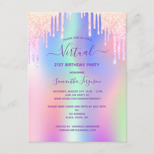Glitter rainbow pink virtual birthday invitation postcard