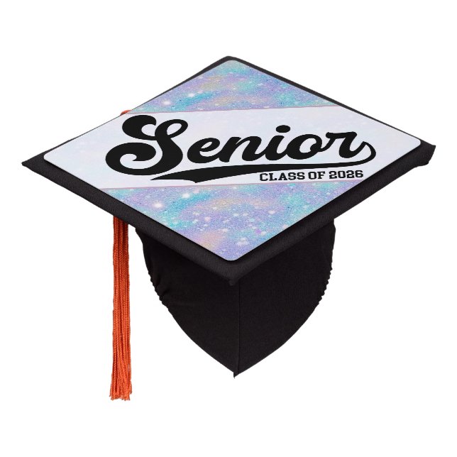 Glitter Rainbow Senior Class of 2026 Script Design Graduation Cap Topper (Angled)