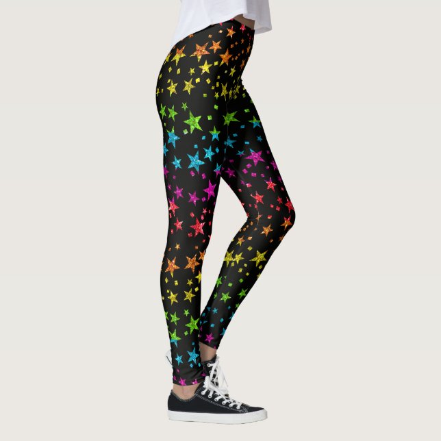 Glitter Rainbow Star Pattern Gay Pride Chic Black  Leggings (Right)
