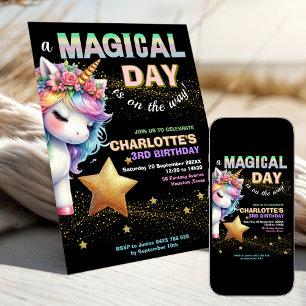 Glitter rainbow unicorn 3rd birthday Invitation