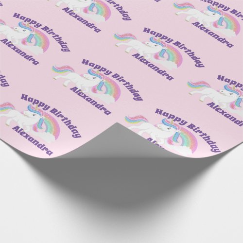 Glitter Rainbow Unicorn Birthday on Pink Wrapping Paper