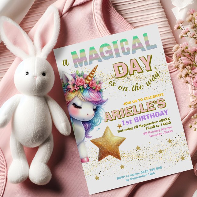 Glitter rainbow unicorn first birthday Invitation (Creator Uploaded)