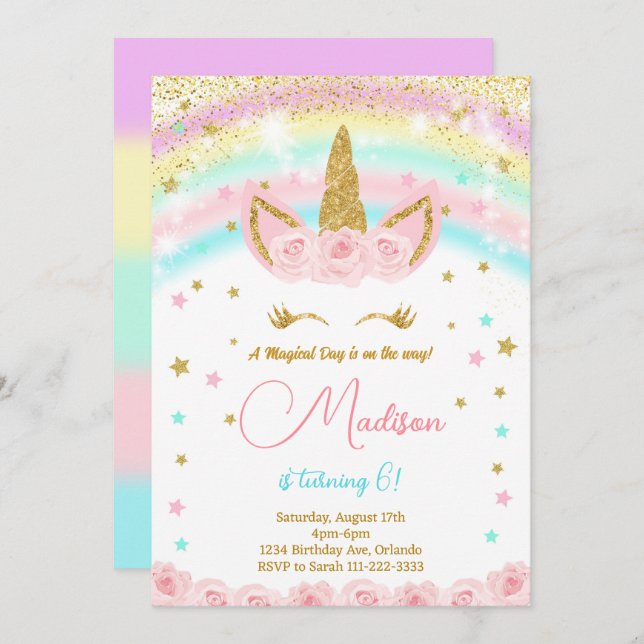 Glitter Rainbow Unicorn Kids Birthday Invitation (Front/Back)