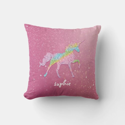 Glitter Rainbow Unicorn Nursery Throw Pillow