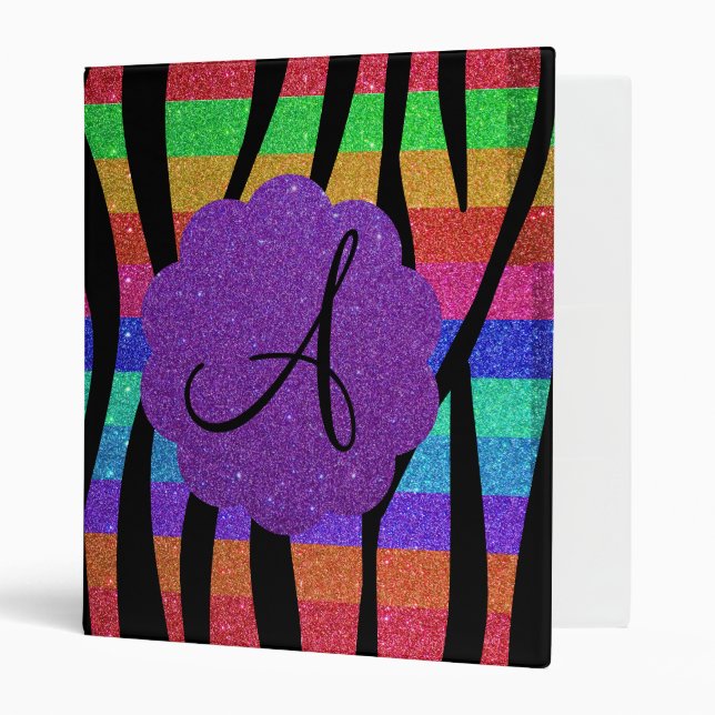 Glitter rainbow zebra stripes monograms 3 ring binder (Front/Inside)