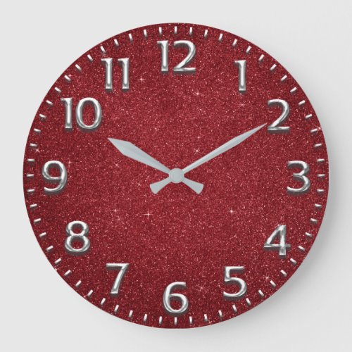 Glitter Red Arabic Numbers Metal Wine Gray Silver Large Clock