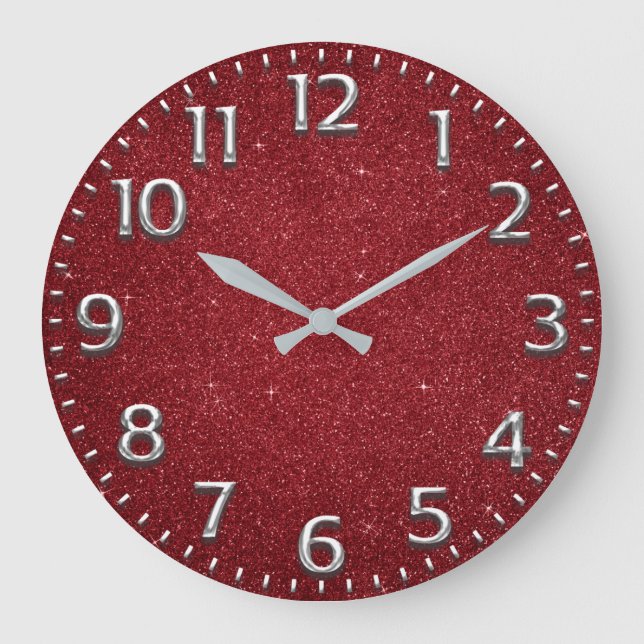 Glitter Red Arabic Numbers Metal Wine Gray Silver Large Clock (Front)
