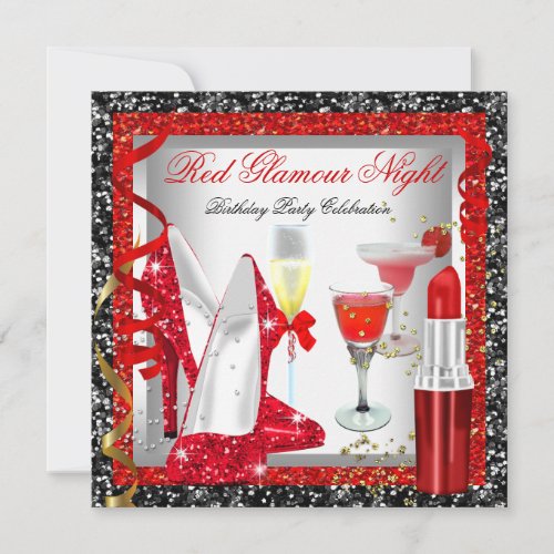 Glitter Red Black Glamour Night Cocktails Party Invitation