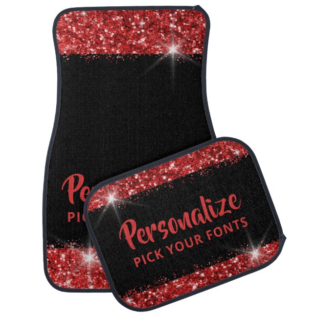 Glitter Red Black Personalized Custom Text Car Floor Mat (Set)