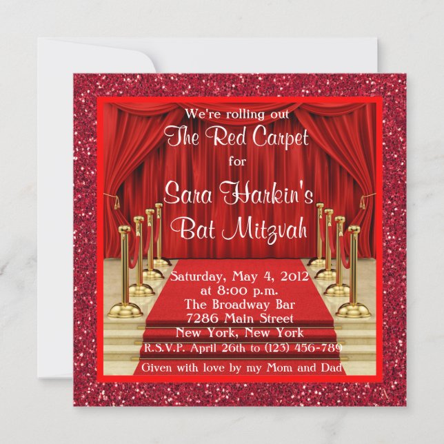 Glitter Red Carpet Hollywood Bat Mitzvah Invite (Front)