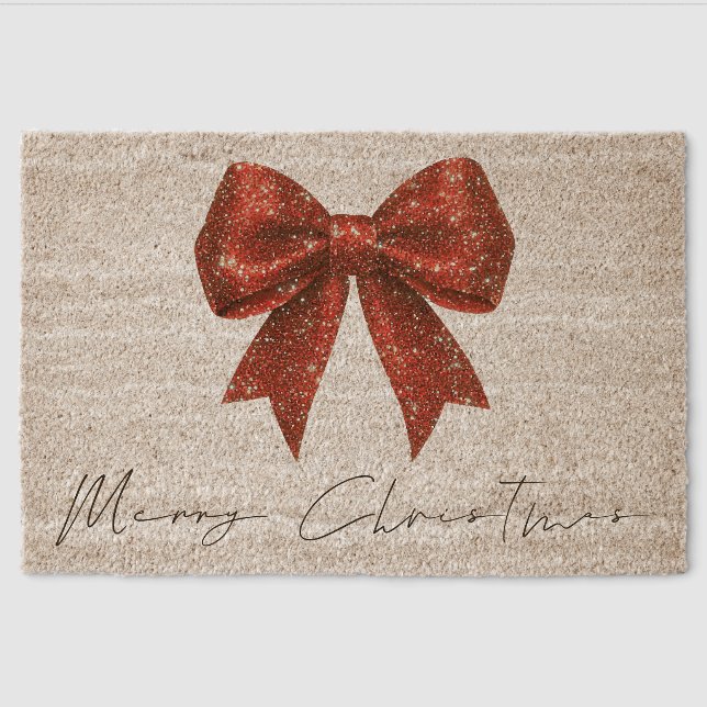 Glitter Red Coquette Bow Merry Christmas  Fiber Doormat (Front)