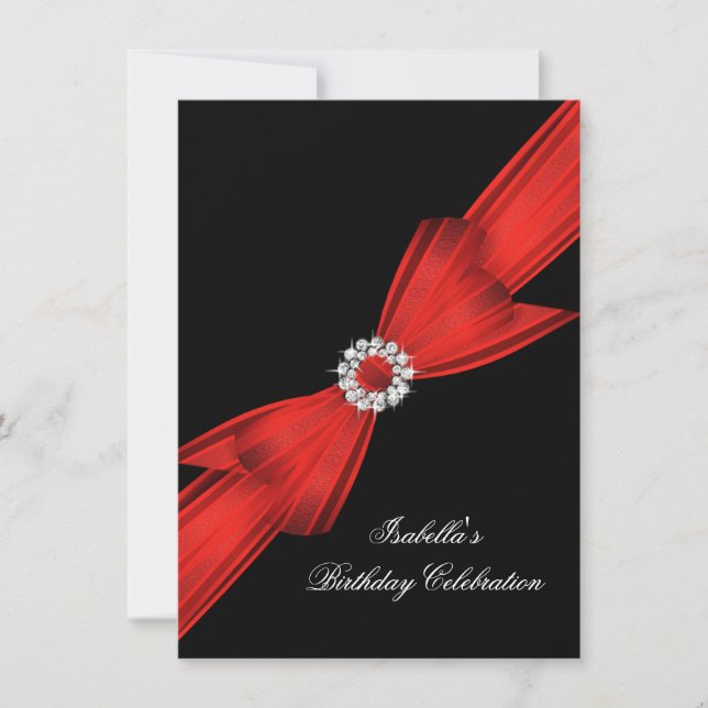 Glitter Red Diamond Bow Black Birthday Party 2 Invitation (Front)