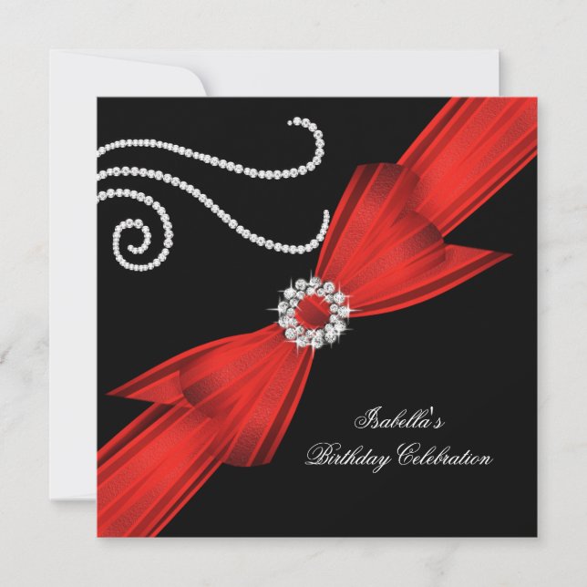 Glitter Red Diamond Bow Black Birthday Party 3 Invitation (Front)