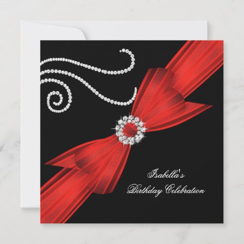 Glitter Red Diamond Bow Black Birthday Party 3 Invitations