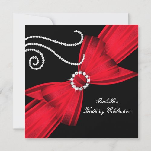 Glitter Red Diamond Bow Black Birthday Party 3a Announcement